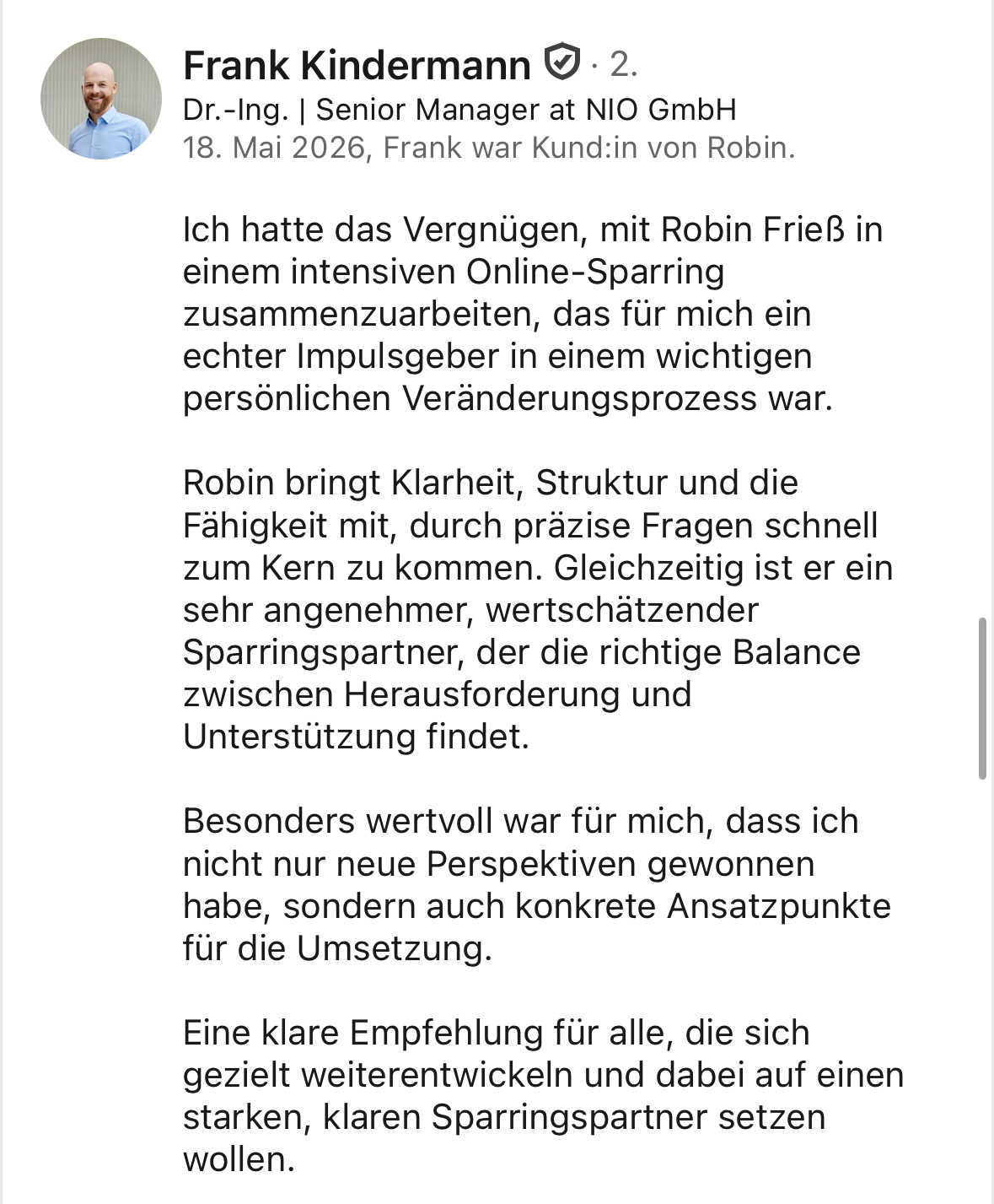 LinkedIn-Empfehlung von Frank für Robin Frieß