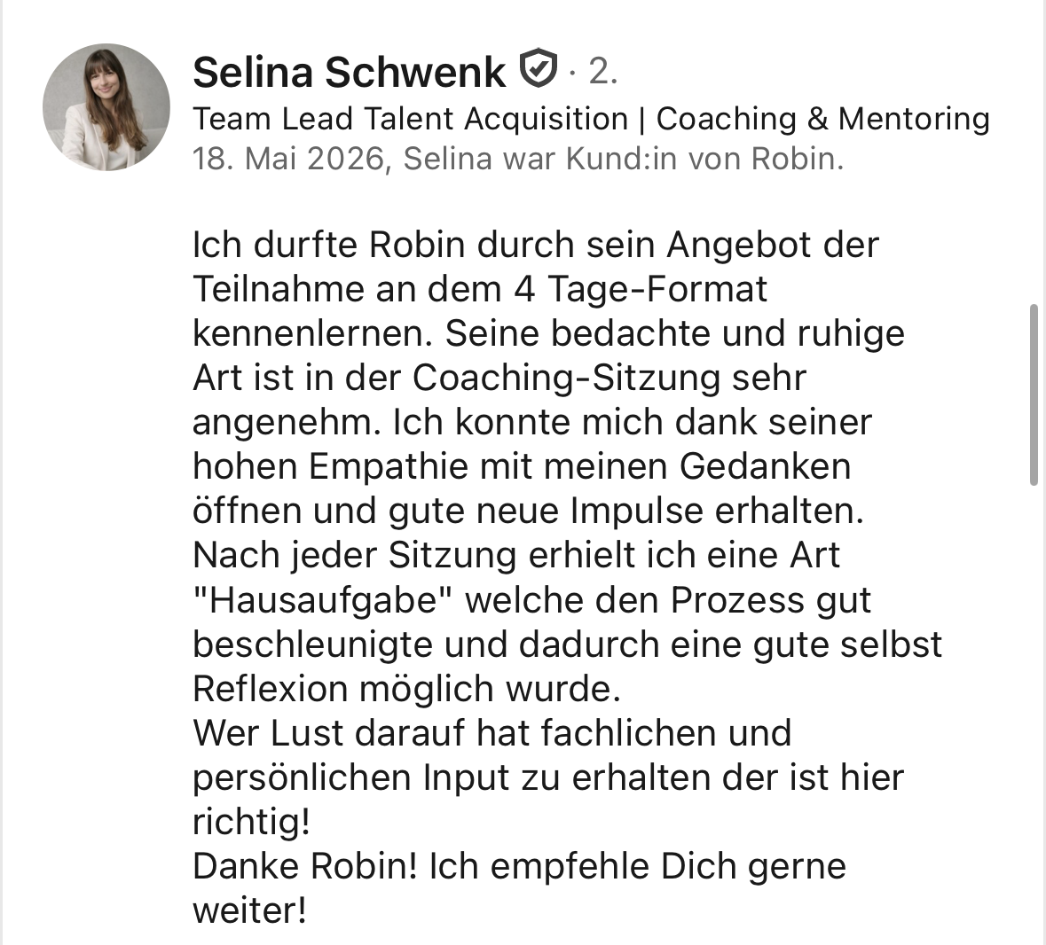 LinkedIn-Empfehlung von Selina für Robin Frieß