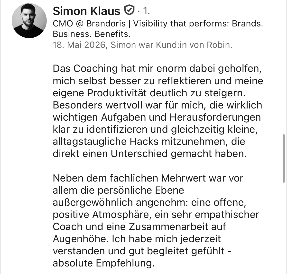 LinkedIn-Empfehlung von Simon für Robin Frieß