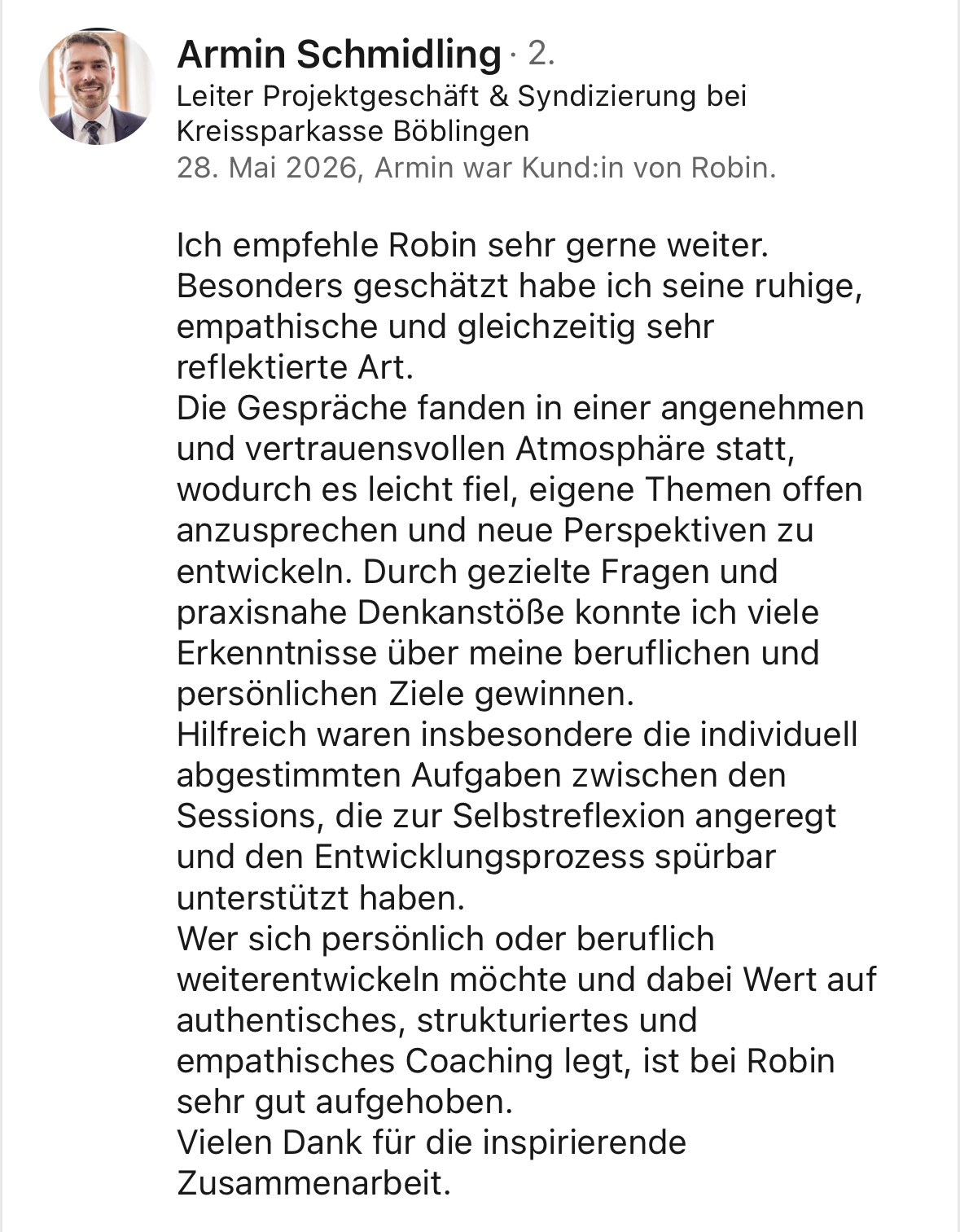 LinkedIn-Empfehlung von Armin für Robin Frieß