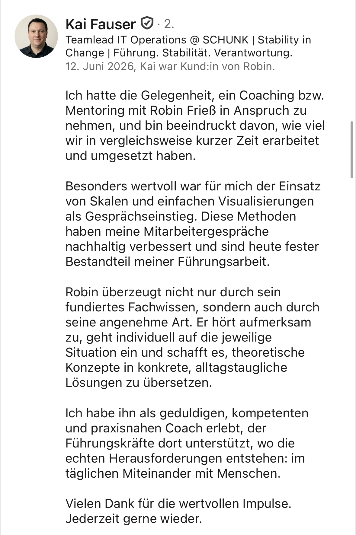 LinkedIn-Empfehlung von Kai für Robin Frieß