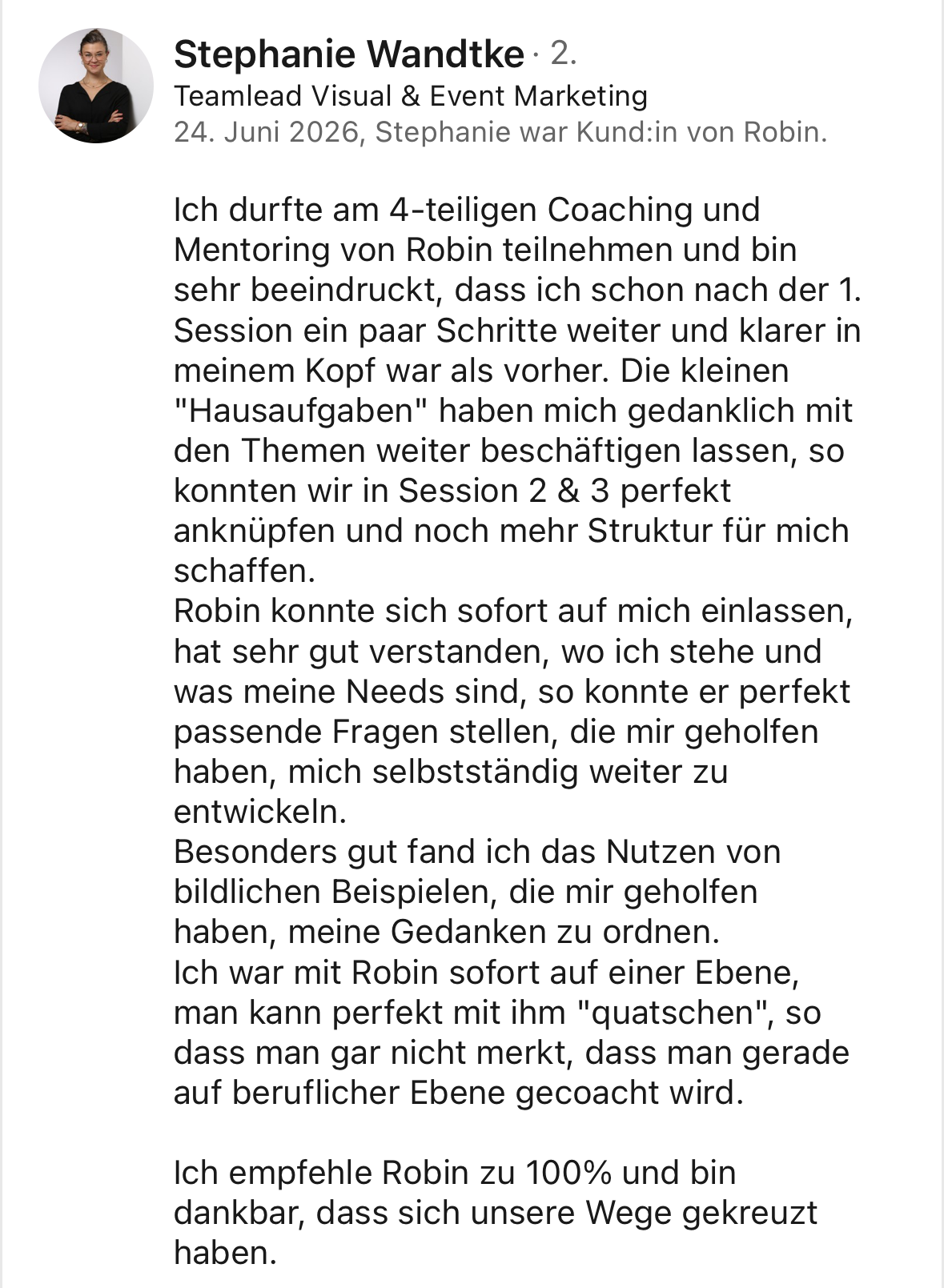 LinkedIn-Empfehlung von Stephanie für Robin Frieß